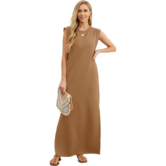 Grecerelle Women Camel Round Neck Loose Split Wrinkle-Free Long Maxi Dress - Picture 4 of 6